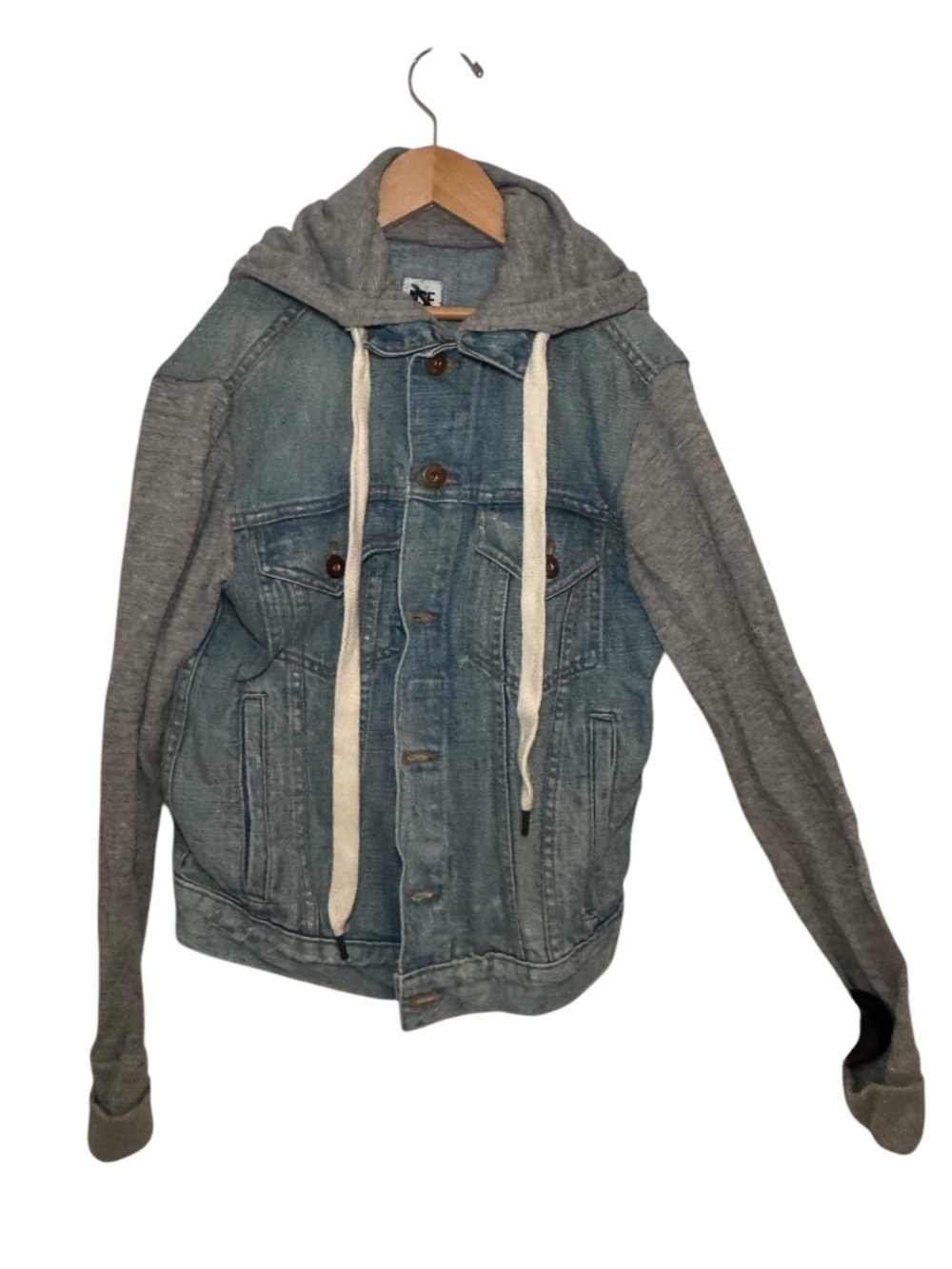 NSF hooded blue denim jacket with grey jersey sleeves and hood - size xs